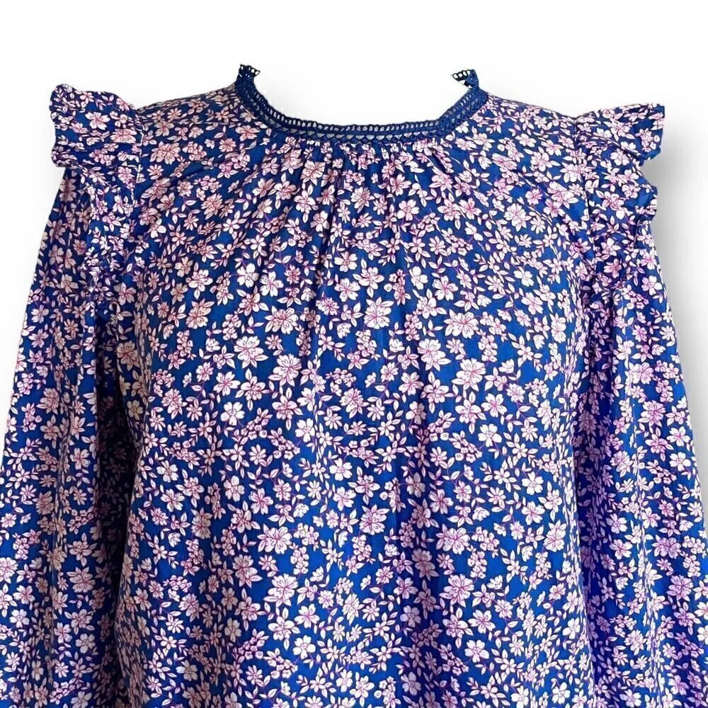 J Crew Womens Ruffle Shoulder Top S Blue Pink Floral Cotton Cottagecore Blouse